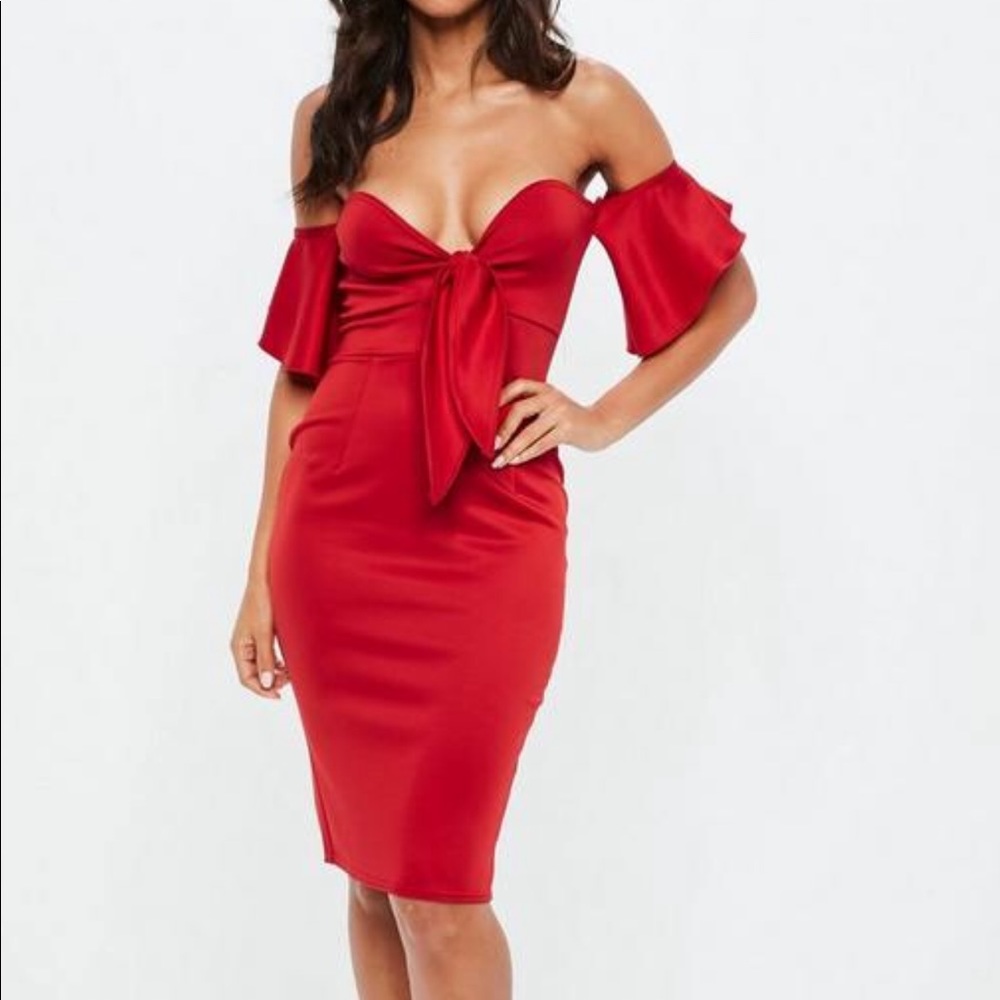 Red Bardot style bodycon dress from Missguided